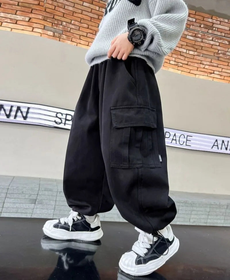 Boy's Loose Fit Tactical Cargo Pants 2025 Spring Autumn Lightweight Breathable Casual Wear with Multi-Pockets