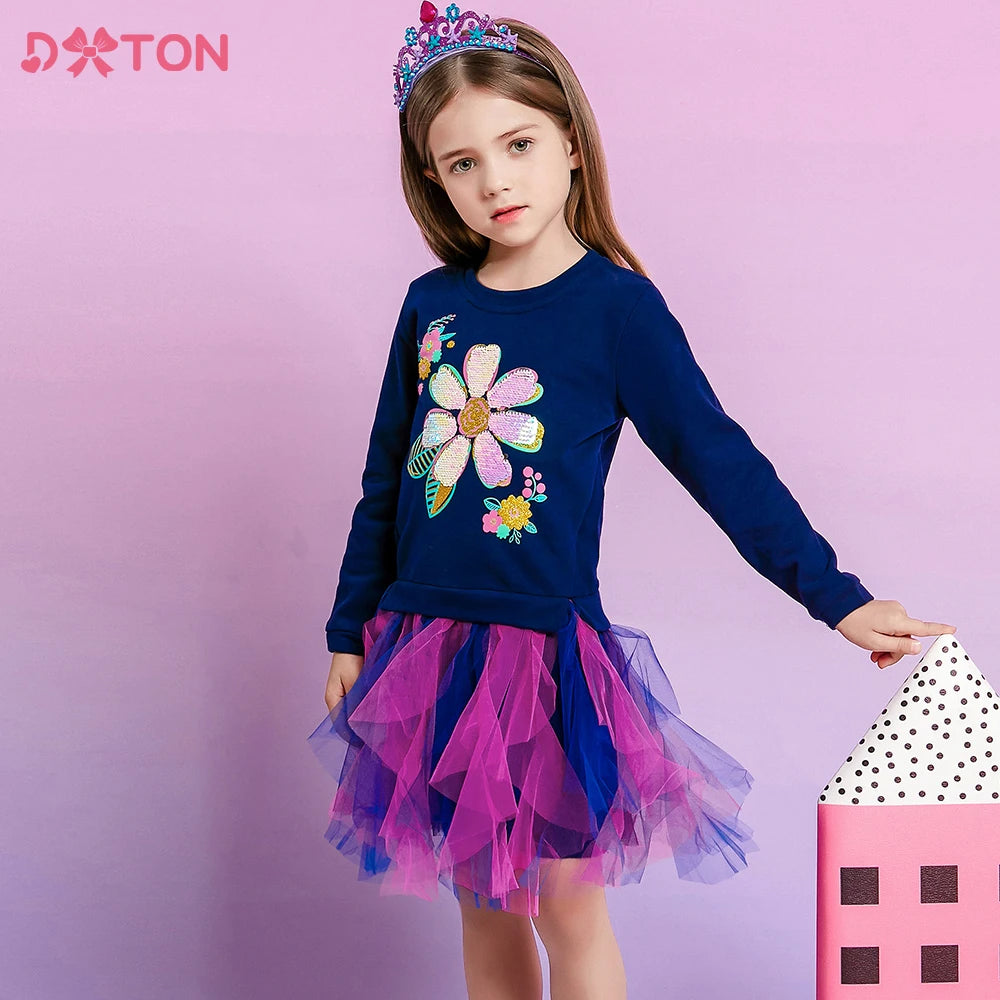 DXTON Autumn Winter Girls Clothing Flower Sequined Long Sleeve Children Sweater Dresses Mesh Patchwork Princess Cotton Dresses