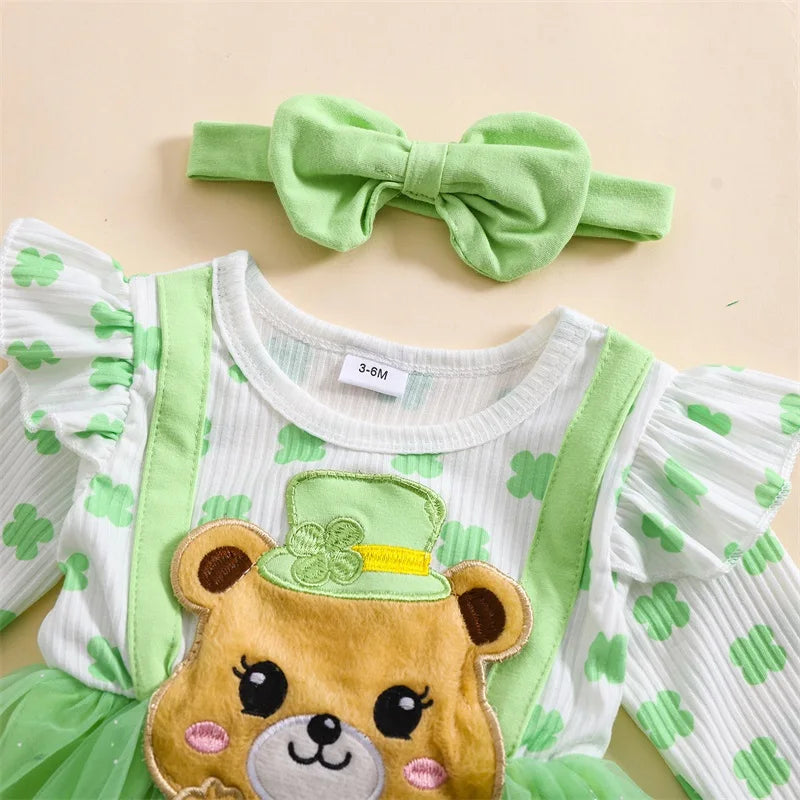 Infant Girls Floral Print Long Sleeve Romper Dress with Bear Embroidery and Matching Headband for Spring Season