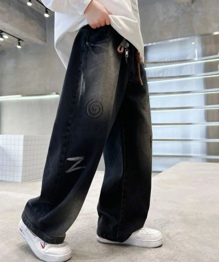 Boys' Trendy Streetwear Jeans for Spring/Fall - Loose Fit Straight-Leg Wide-Leg Denim Pants for Boys 8-14