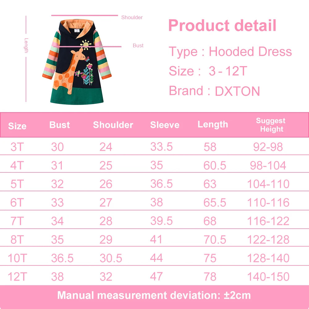 DXTON Girls Sporty Hooded Dress Rainbow Striped Children Dress Floral Giraffe Applique Animal  Winter Baby Toddler Casual Dress