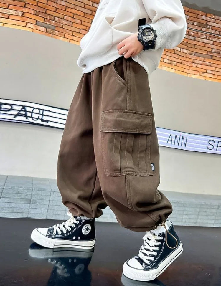 Boy's Loose Fit Tactical Cargo Pants 2025 Spring Autumn Lightweight Breathable Casual Wear with Multi-Pockets