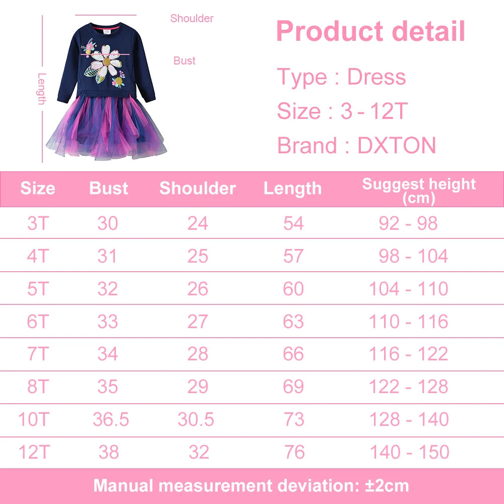 DXTON Autumn Winter Girls Clothing Flower Sequined Long Sleeve Children Sweater Dresses Mesh Patchwork Princess Cotton Dresses