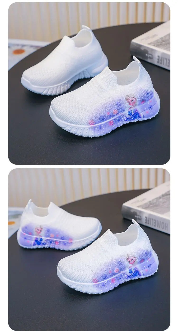Disney Solid White Fashion Knitting Frozen Princess Elsa Children Casual Shoes Kids' Light Breathable Stretch Socks Sneakers Siz