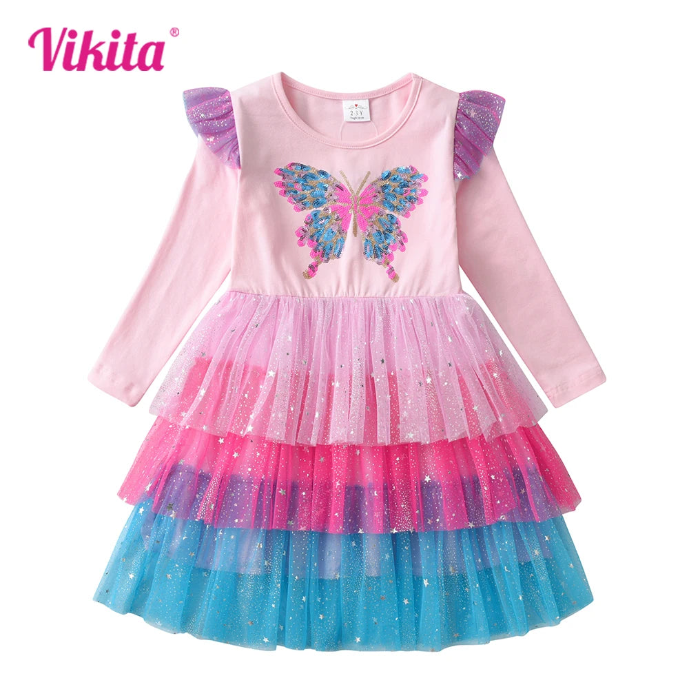 VIKITA Girls Butterfly Sequined Appliqued Long Sleeve Dress Kids Birthday Party Performance Prom Gown Shiny Princess Dresses