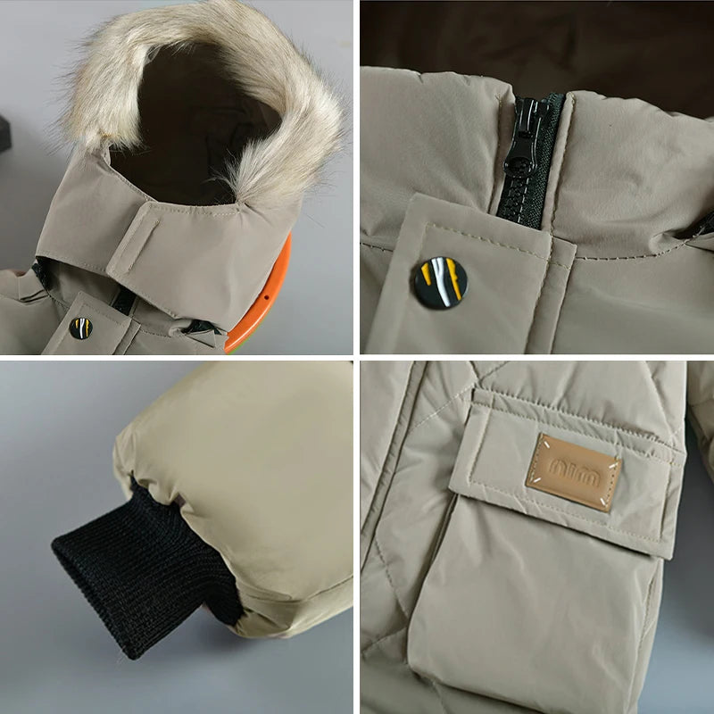 New Winter Boys Jacket Long Style Letter Print Thick Warm Hooded Coat Fur Collar Down Cotton Outerwear For 4-10 Years Kids