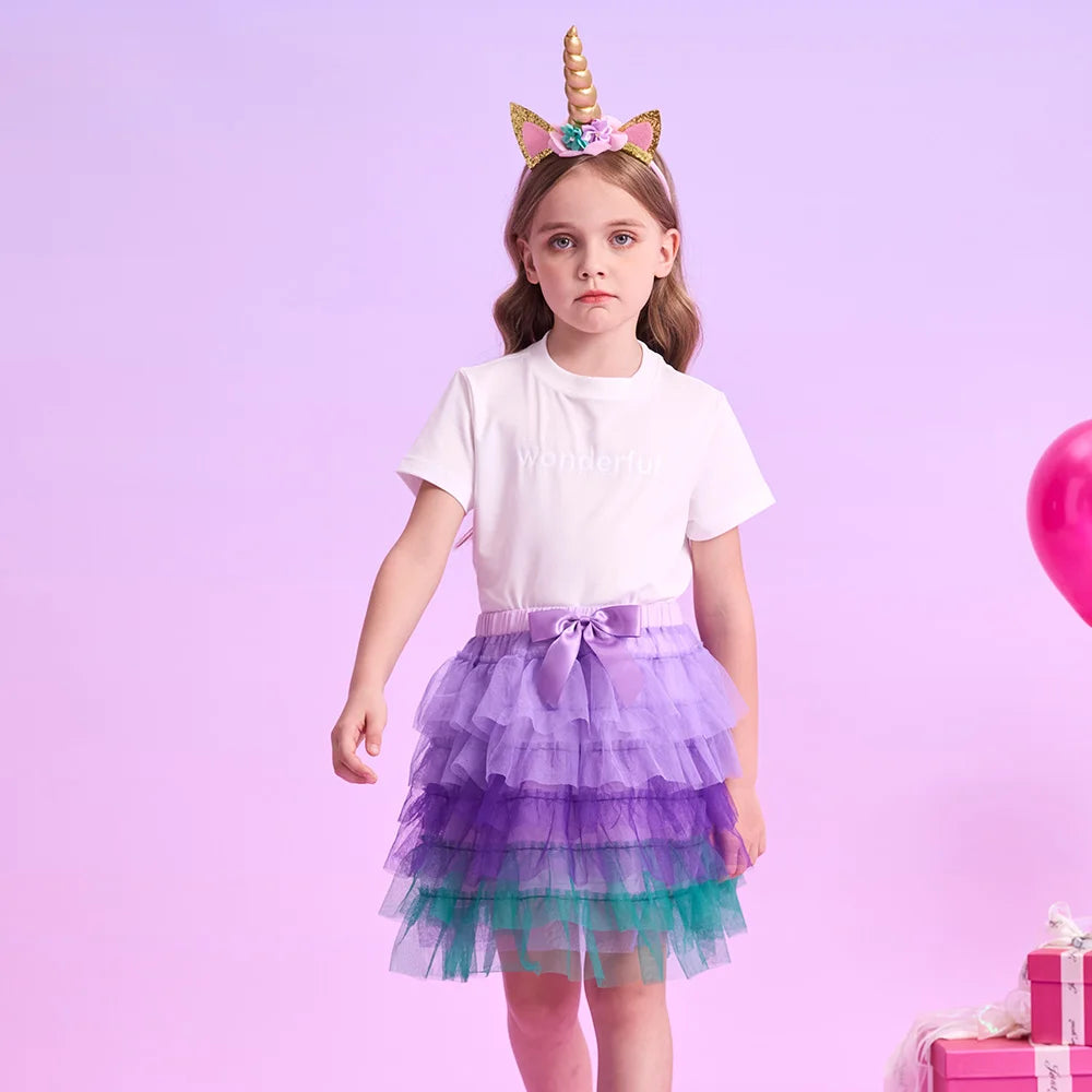 VIKITA Kids Mesh Tulle Layered Cake Tutu Skirt with Bow Knot Girls Mermaid Party Performance Casual Princess Mini Skirts 3-12Y