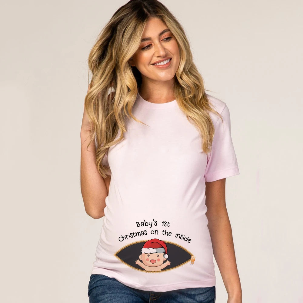 Baby 's First Christmas on The Inside Pregnancy T Shirt Maternity Shirts Xmas Pregnancy Announcement Shirt New Mom White Clothes