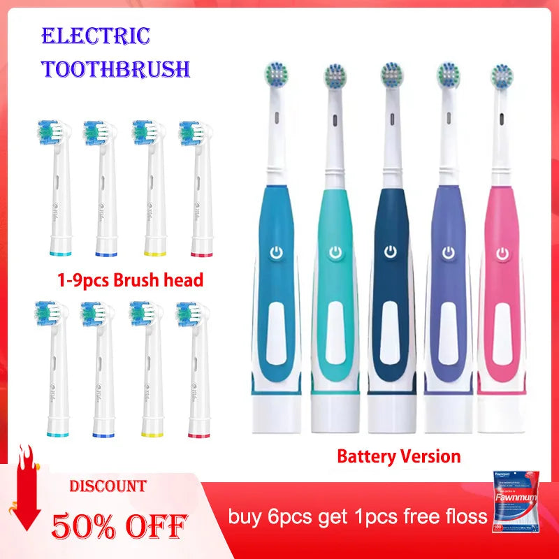 Electric Toothbrush Rounded 3D Heads Teeth Brush Soft Bristle Vibrate Rotation Gum Care Battery Power Teeth Whitening For Adults