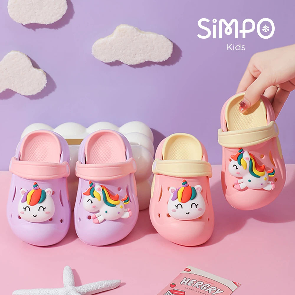 Kawaii Garden Shoes For Little Kid With Unicorn Charm Rainbow Color Girl's Clogs Outdoor Thick Sole Anti-slip Sandals Summer