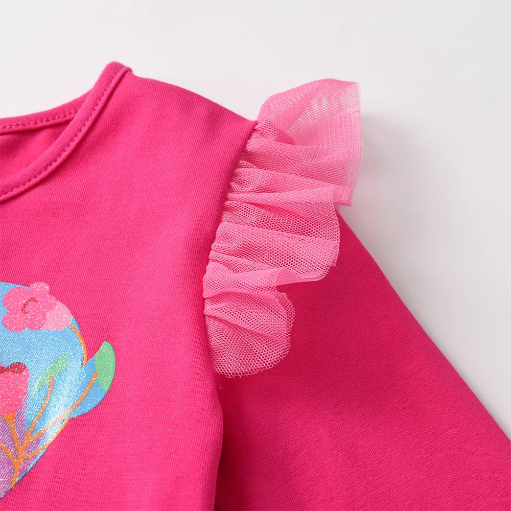 VIKITA New Girls Unicorn Pink Dress Kids Layered Mesh Tulle Tutu Princess Dresses Kids Prom Gown Long Sleeve Autumn Spring Dress