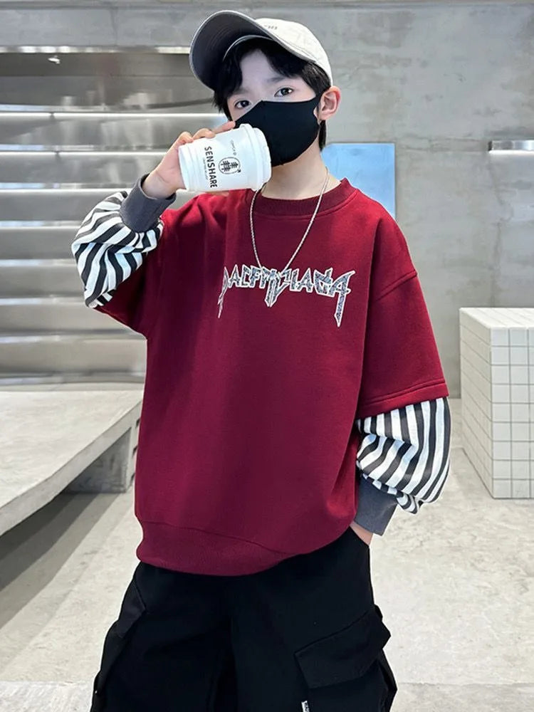 Boys' Medium-Large 2025 New Arrival No Hood Long Sleeve Fake Two-Piece Loose Fit Stylish Sweatshirt for Spring
