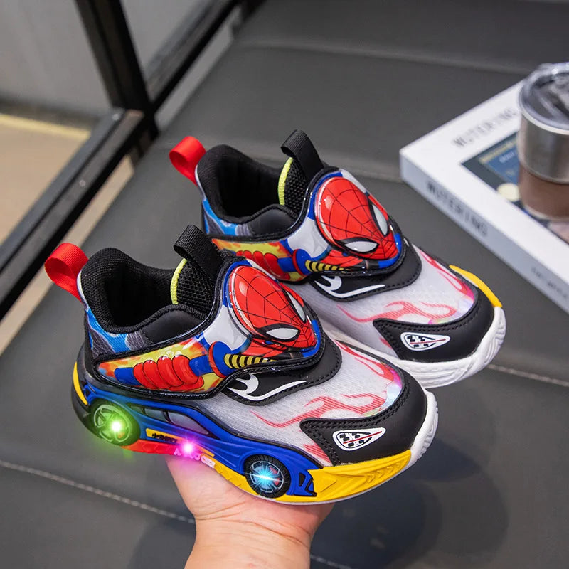 Disney Children's Shoes Fashion Cartoon LED Lights Spiderman Sneakers for Boys Breathable Sport  Anti-slip Student Shoes Size 26