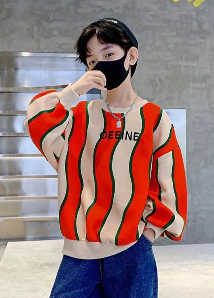 Boys' Medium-Large 2025 New Arrival No Hood Fleece-Lined Spring/Autumn Trendy Cool Kids Sweatshirt