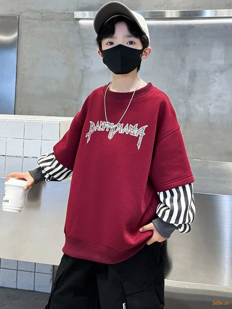 Boys' Medium-Large 2025 New Arrival No Hood Long Sleeve Fake Two-Piece Loose Fit Stylish Sweatshirt for Spring
