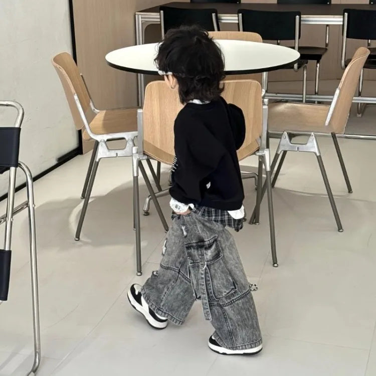 Boys' 2025 Spring New Fake Two-Piece Color-Blocked Korean Style Dashing Stylish T-Shirt