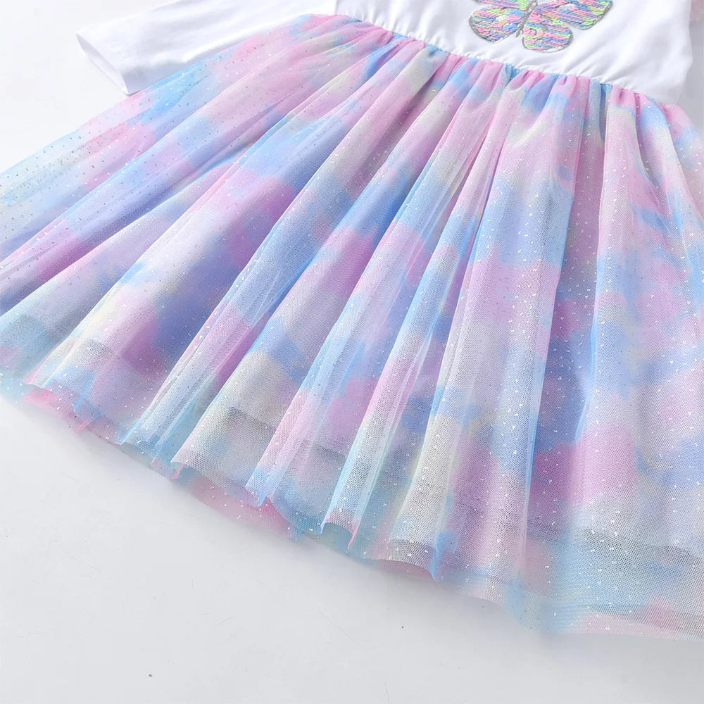 VIKITA Girls Long Sleeve Autumn Spring Dresses Kids Colorful Butterfly Sequined Appliqued Glittery Gradient Princess Mesh Frocks