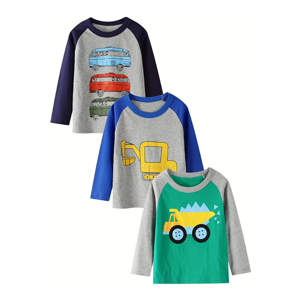 3-Pack 100% Cotton Boys' Long Sleeve T-Shirts with Random Construction Vehicle Prints - Casual Spring/Autumn Style