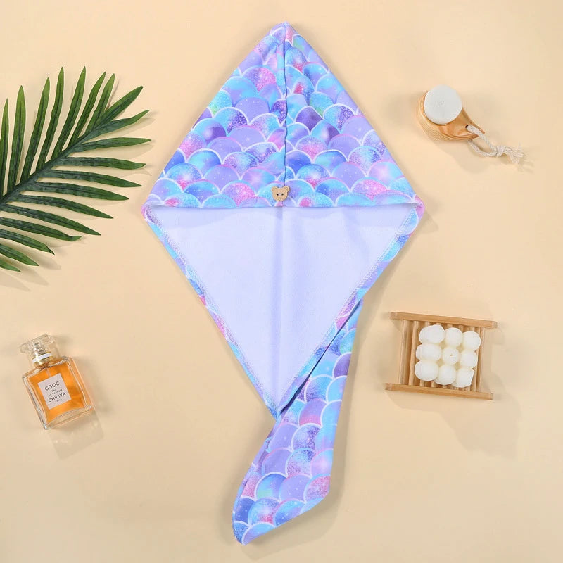 Kid 2-16Year Rapid Dry Hair Towel Microfiber Mermaid Pattern Anti Frizz Dry Hair Bath Cap Towel Quick Teen Girl Beach Shower Cap