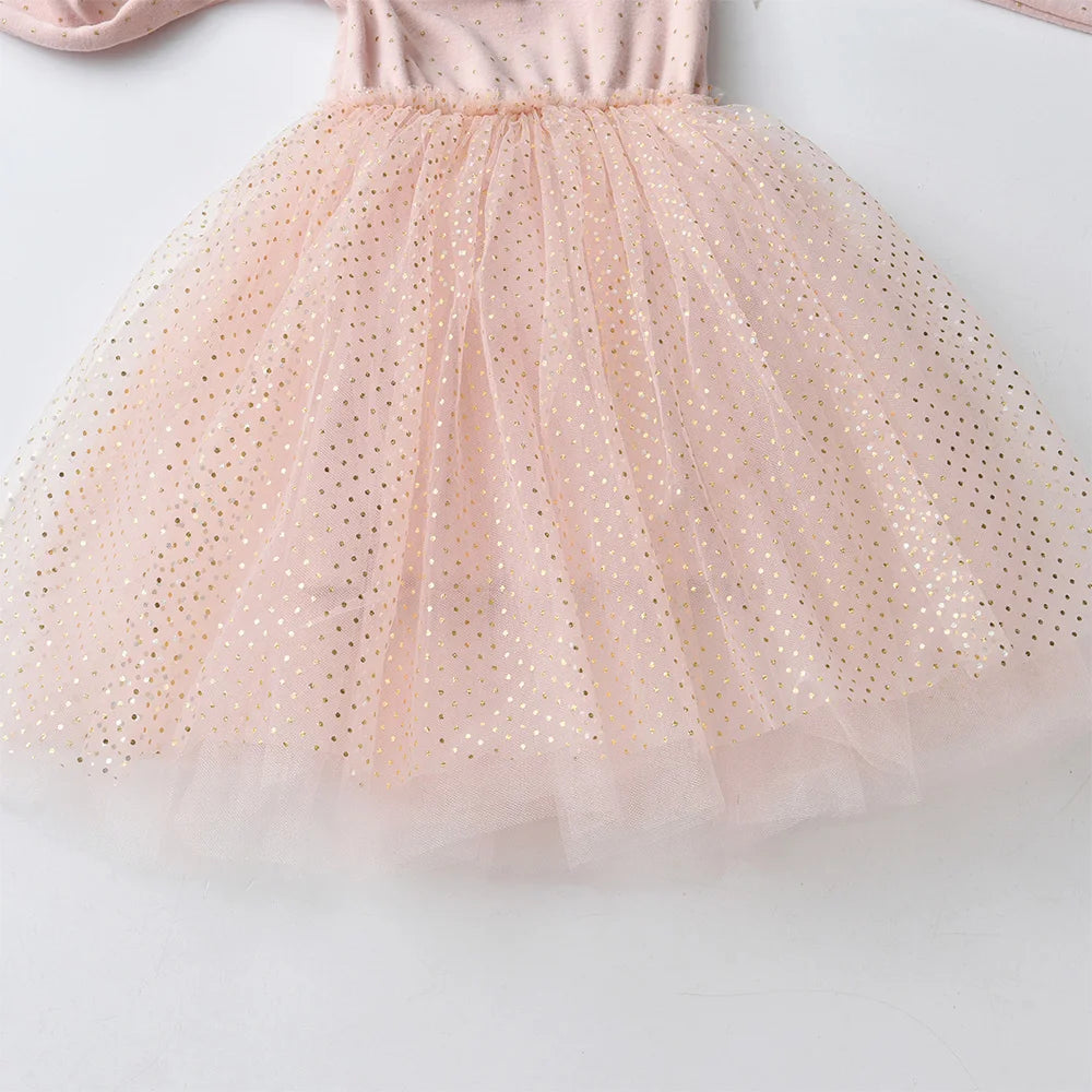 VIKITA Girls Knitted Dress Long Sleeve Autumn Spring Pink Dresses Girls Birthday Party Mesh Cotton Casual Dress Kids Clothes
