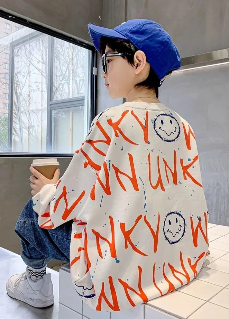 Boys' Medium-Large 2025 New Spring/Autumn No Hood Sassy Street-Style Long Sleeve Layering Top Sweatshirt