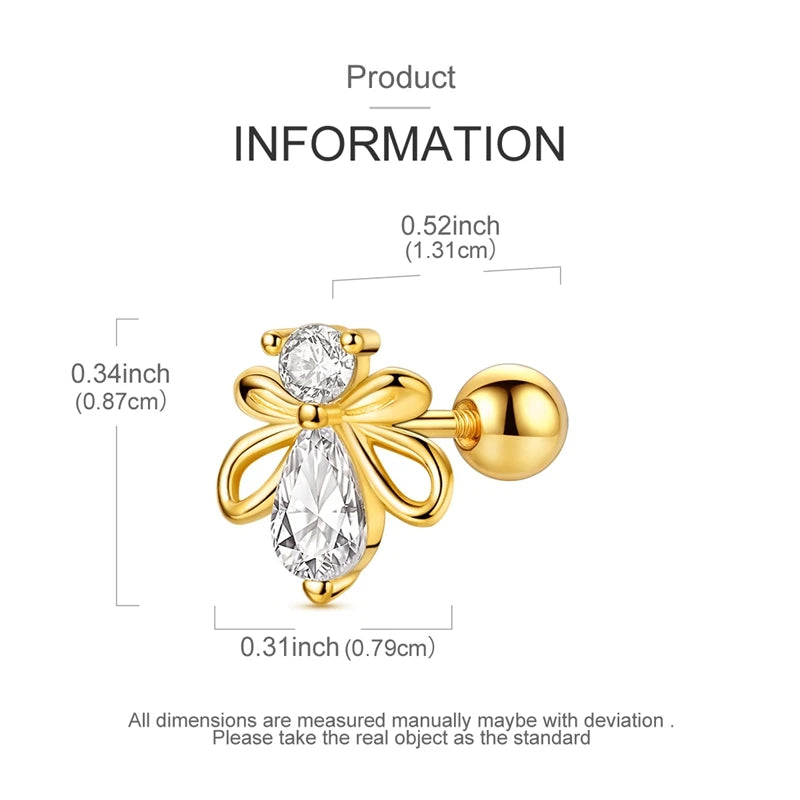 Fashion 925 Sterling Silver Plated Gold Clover Bowknot Butterfly Cartilage Puncture Spiral Bead Stud Earring For Women Ins Style