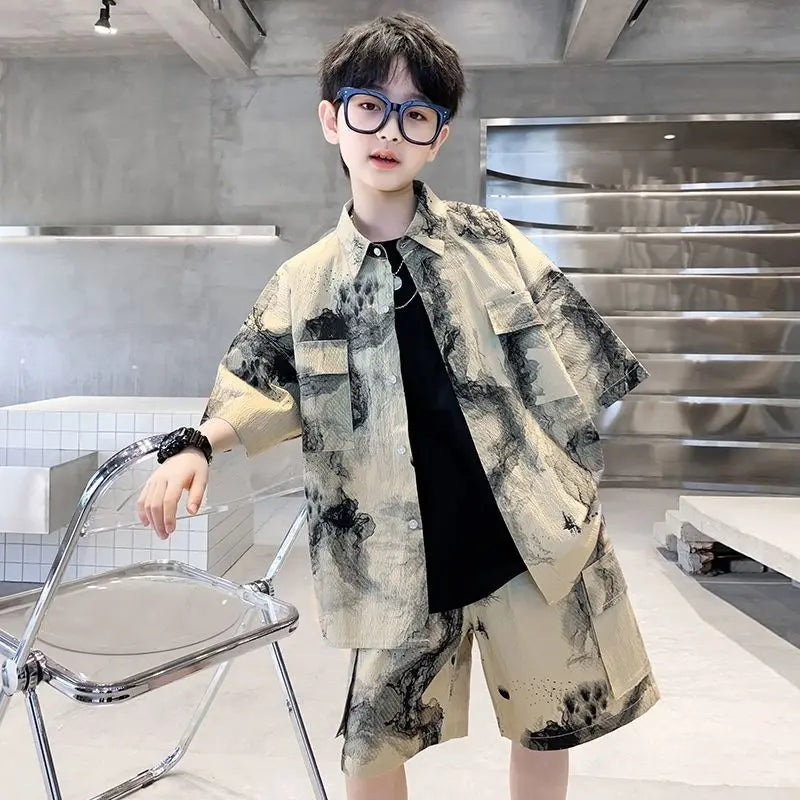 2025 Summer Boys Shirt Set Outfit | Casual Top & Bottom for 3-4 Years Old Kids | Size 7/8/10/14 Kids Clothing