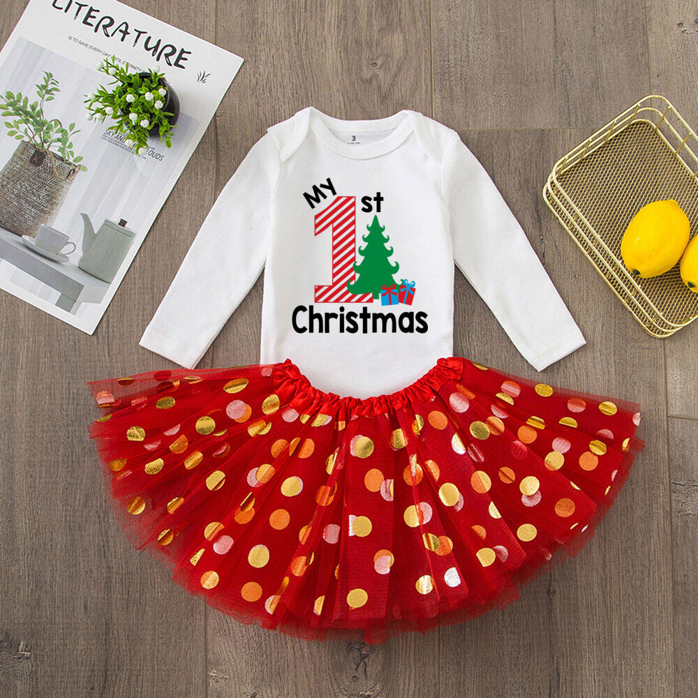 My 1St Christmas Baby Bodysuit Cake Dresses Set Infant Girls Long Sleeve Playsuit Tutu Skirts Clothes Toddler Xmas Party Outfits