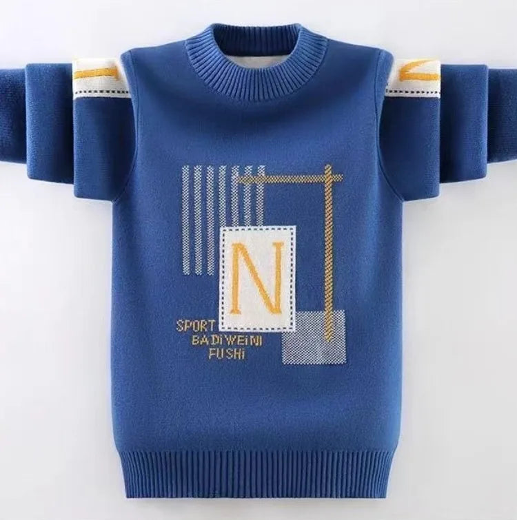 Autumn Winter Boys' Fleece-Lined Thickened Knitwear Pullover Sweater Base Layer for Boys Medium-Large Size Fashionable Knitwear