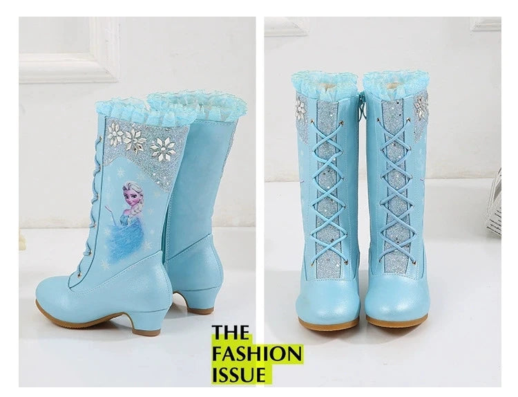 Disney Girls High Heel Boots Winter Children's Long Sleeved Plush Snow Warm Boots Princess Elsa Pink Blue Boots Size 27-37