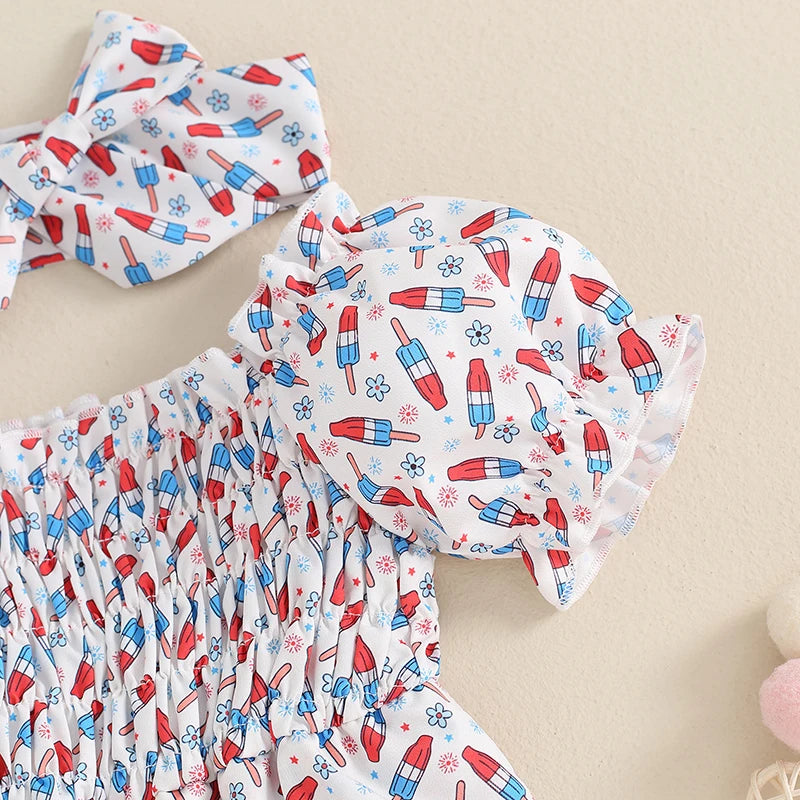 Baby Girl Summer Romper Sleeveless Watermelon Print Jumpsuit with Matching Bow Headband Infant Beach Outfit for 4th of July