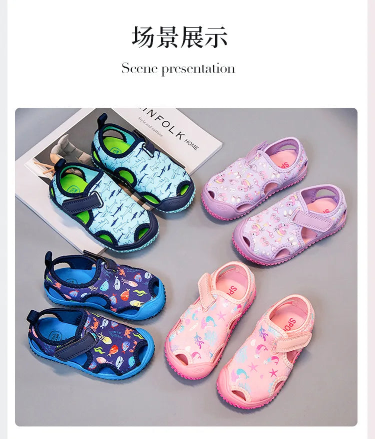 Kids'Sandals Canvas Prehobbler Baby Summer Beach Shoes Printing For Children Breathable Anti-slip Purple Blue Shoes Size 21-31