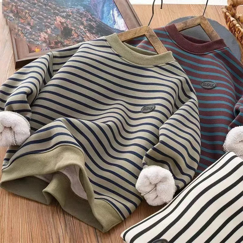 Boys' Striped Fleece-Lined Thickened Long Sleeve Sweatshirt 2025 Winter New Arrival Warm Base Layer Mid-Big Size Top