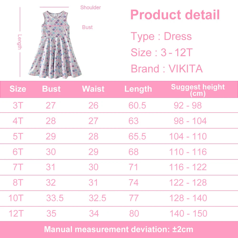 VIKITA Girls Sleeveless Dress for Summer Kids Polyester Dresses for 4-12 Years Girls Mermaid Print A Line Casual Princess Dress