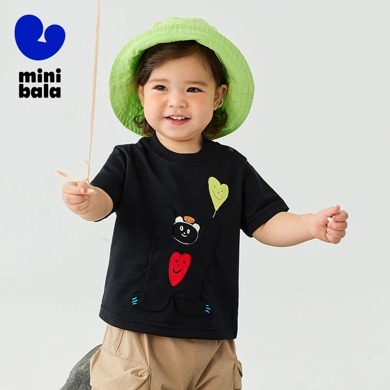Mini Bala Boys And Girls Kids Short Sleeve T-Shirt 2025 New Spring White Black Baby Pure Cotton Top for Daily Life Casual