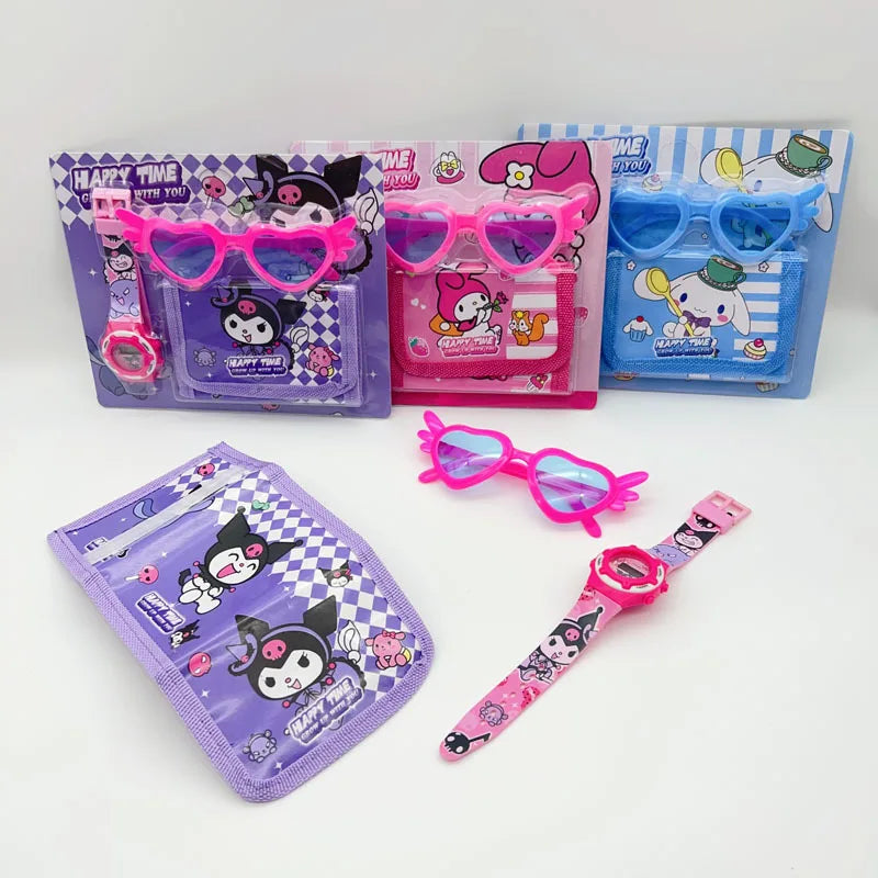 Fashion 3ps Unicorn Hello Kitty Girls Watch Kids with Wallet Glasses Cartoon Spiderman Watch Children Clock Toys set