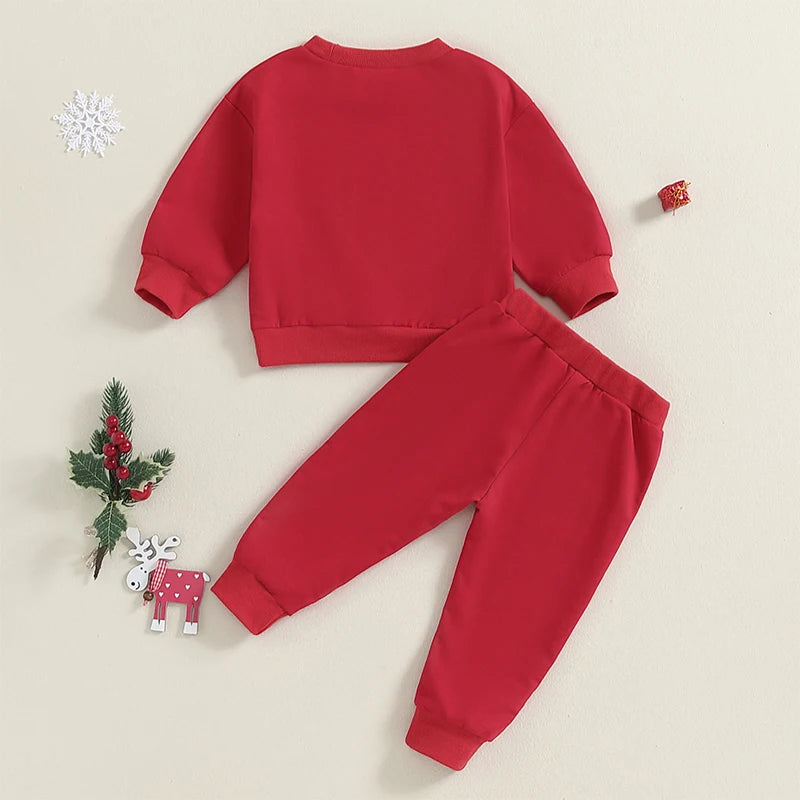 Toddler Boy Girl Winter Christmas Tree Print Long Sleeve Round Neck Sweatshirt and Pants Outfit Set with Letter Embroidery