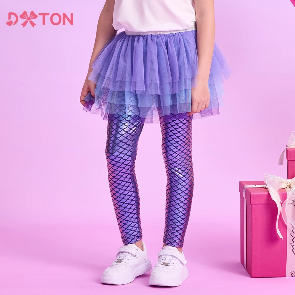 DXTON Toddler Leggings Skirt Pants For Girls Mermaid Kids Trousers With Tulle Tutu Skirt Fake Two Children Girls Party Costumes