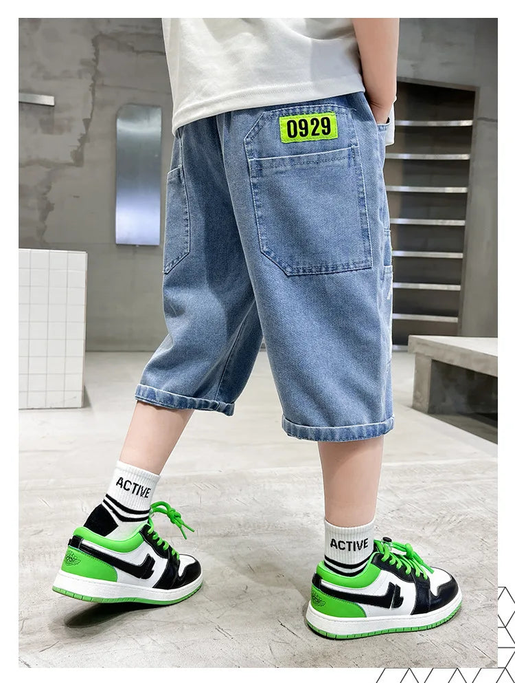2024 New Teenage Boys Denim Shorts 4-10 Years Summer Fashion Letter Printed Soft Trousers For Kids Children Casual Pants