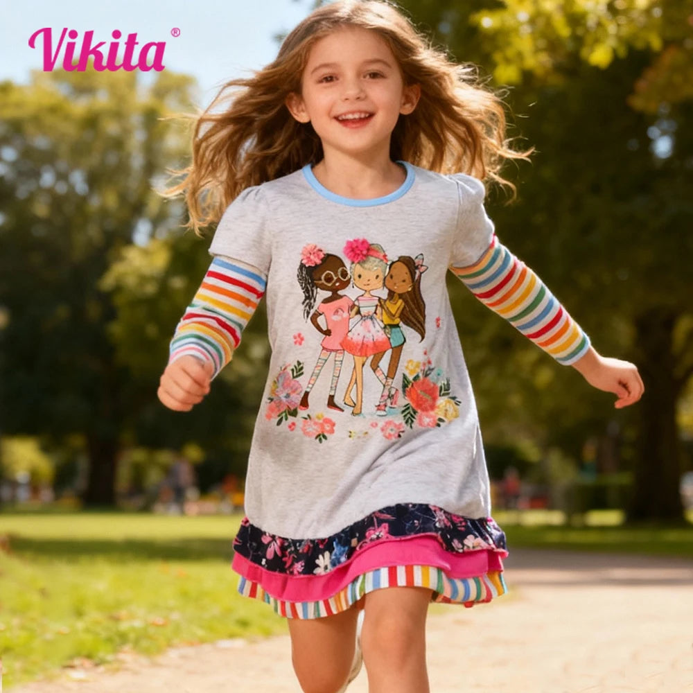 VIKITA Children Cotton Casual Costumes Toddlers Autumn Spring Mini Dress Kids Floral Doll Print Rainbow Princess Daily Wear