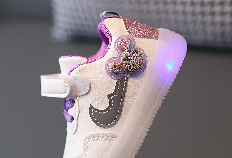 Kids'Casual Shoes Children Led Light Cartoon PU Leather Spring Anti-slip Soft Bottom Sneakers Black Pink Size 21-30