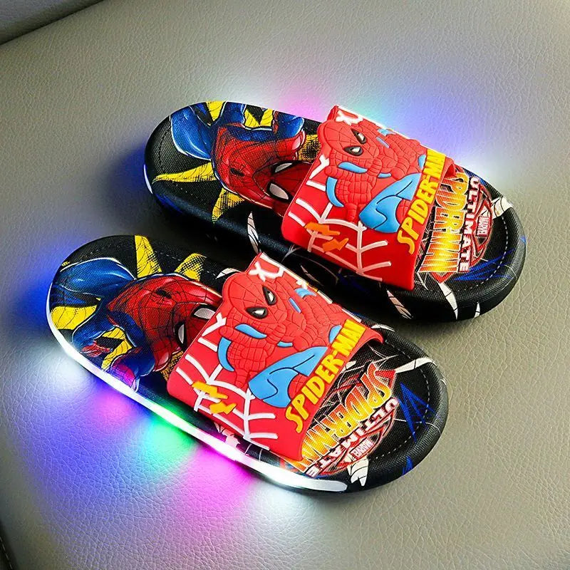 Disney Spider-Man Children's Slippers Non-slip Cartoon Light Soft Soled Slippers For Boys LED Light Luminous Children's Summer S