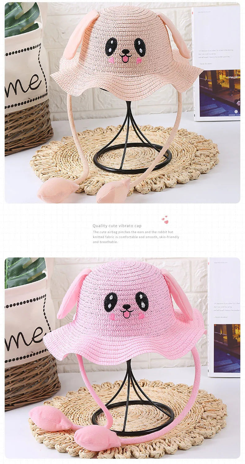 Kids Baby Bunny Hat with Moving Ears Rabbit Straw Hat Jumping Ear Funny Cap Wide Brim Sun Protection Hat Boys Girls Outdoor