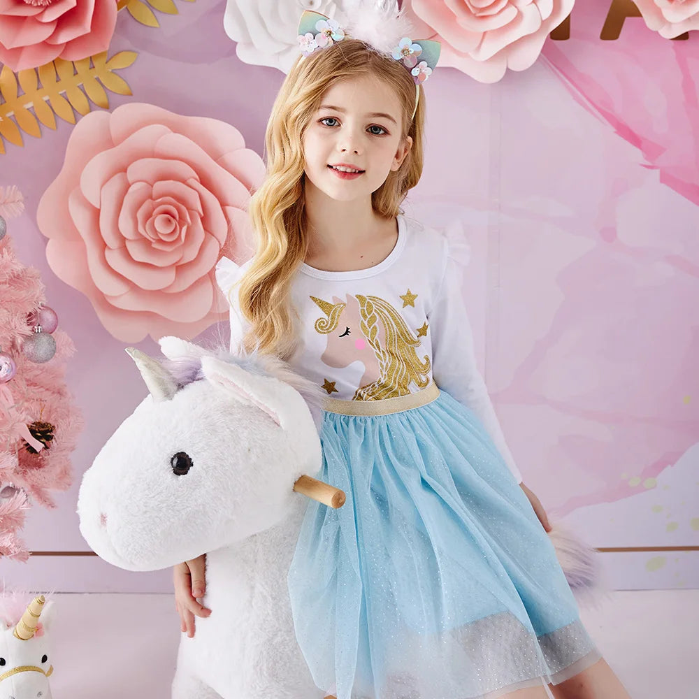 VIKITA Kids Licorne Cartoon Print Dress Girls Flare Sleeve Autumn Spring Winter Vestidos Girls Princess Mesh Tulle Party Dress