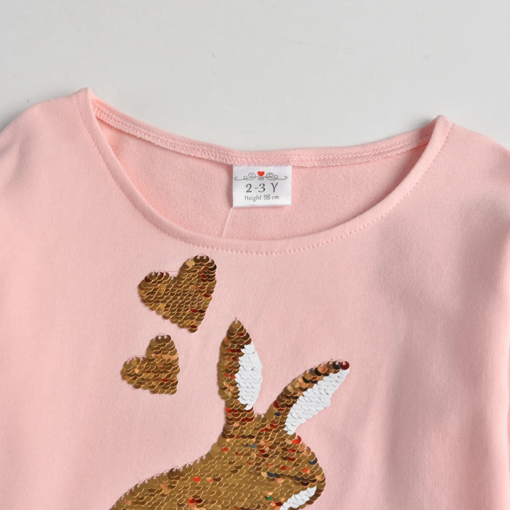 VIKITA Girl Long Sleeve Autumn Spring O Neck T Shirt Kids Rabbit Sequined Appliqued Cotton Casual Tops and Tees Children Clothes