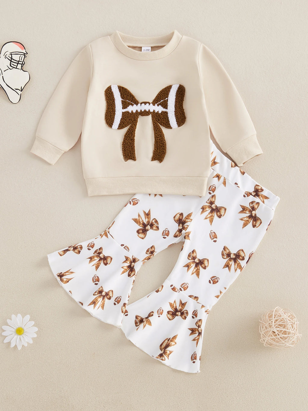 Adorable Baby Girls 2-Piece Football Theme Outfit with Long Sleeve Sweatshirt and Pants Set Cute Bow Embroidery Design