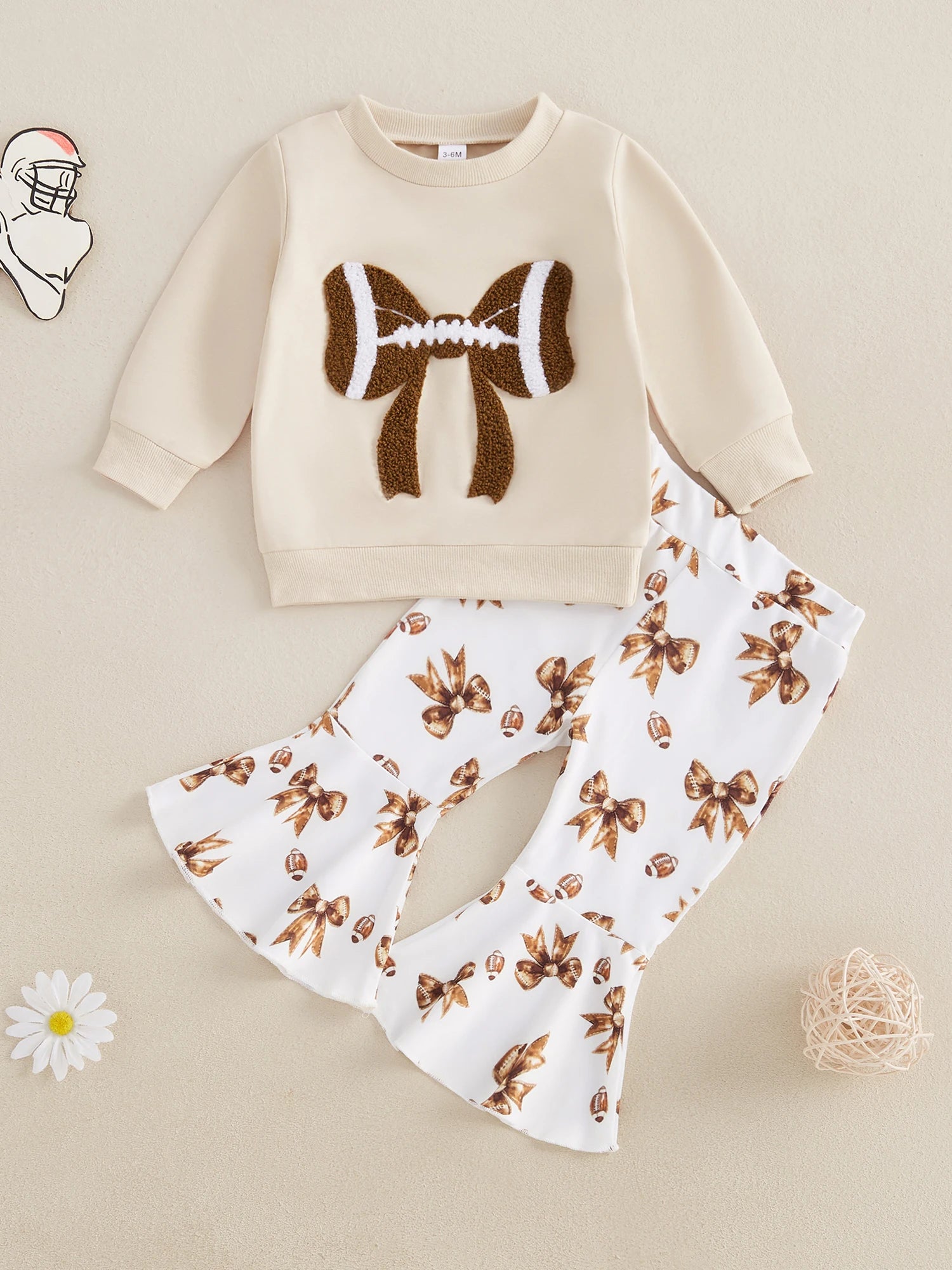 Adorable Baby Girls 2-Piece Football Theme Outfit with Long Sleeve Sweatshirt and Pants Set Cute Bow Embroidery Design