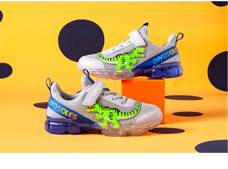 EXDINO T-REX LED 2-9Y Boys Spring Autumn Mesh Tennis Shoes Glowing Children's Kids Flashing Jelly Sole Light Up Casual Sneakers