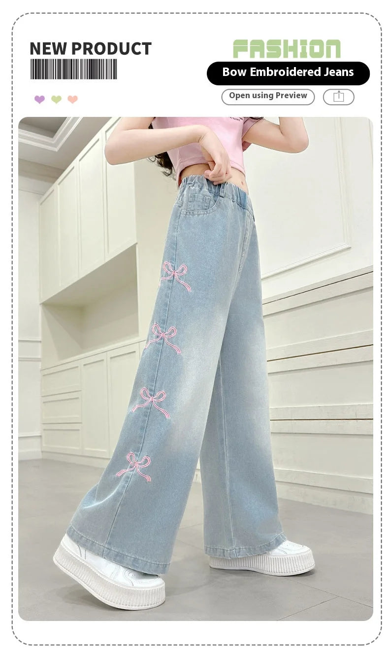 Girls' side pink bow embroidered wide-leg pants 2025 summer thin style slim straight pants suitable for outdoor 5-15 years old