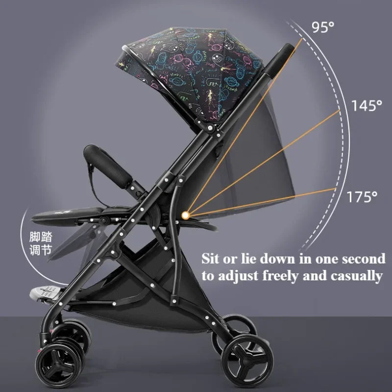 One Click Folding Baby Stroller Can Sit & Lying Foldable Portable Lightweight Baby Strolling Cart Large Space Adjustable Backset